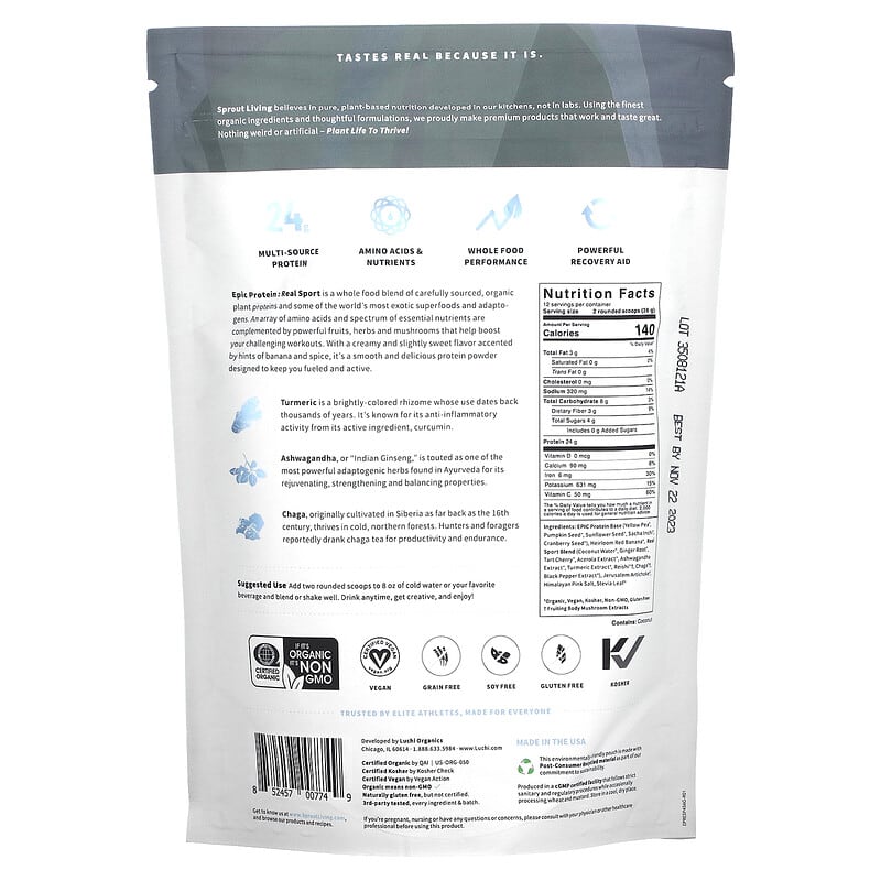 Sprout Living Epic Protein Organic Plant Protein + Superfoods Real Sport 1 lb (456 g) 2 Thực phẩm bổ sung Sprout Living Epic Protein Organic Plant Protein + Superfoods Real Sport 1 lb (456 g) 852457007749