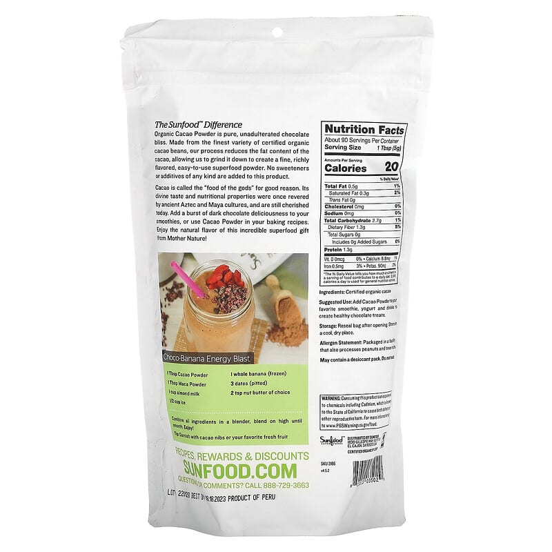 Sunfood Organic Cacao Powder 1 lb (454 g) 2 Thực phẩm bổ sung Sunfood Organic Cacao Powder 1 lb (454 g) 803813035029