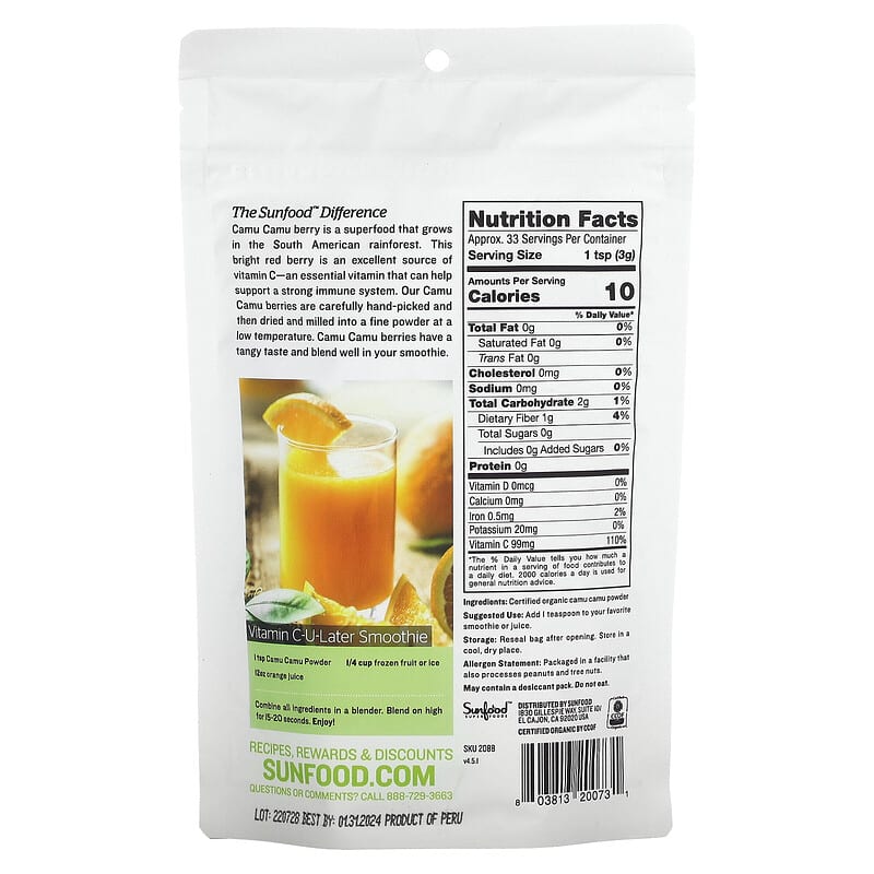 Sunfood Raw Organic Camu Camu Powder 3.5 oz (100 g) 2 Thực phẩm bổ sung Sunfood Raw Organic Camu Camu Powder 3.5 oz (100 g) 803813200731
