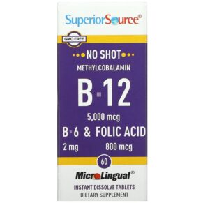 Thực phẩm chức năng Superior Source Methylcobalamin B-12 B-6 & Folic Acid 5.000 mcg 60 MicroLingual Instant Dissolve Tablets 076635907601