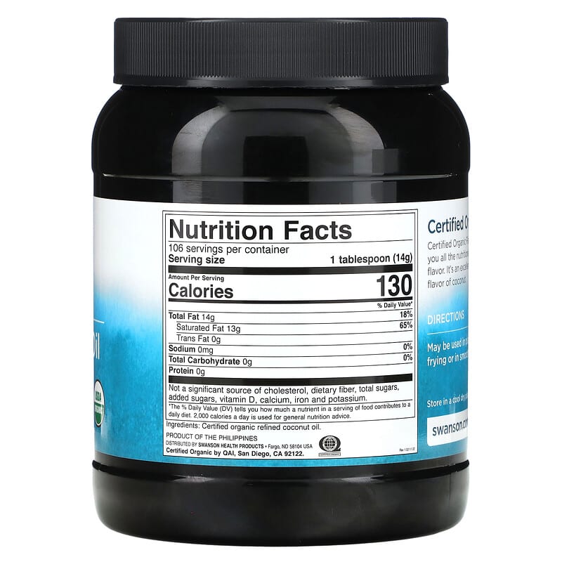 Swanson Certified Organic Coconut Oil Flavor Free 3 lbs 4 oz (1.47 kg) 2 Thực phẩm bổ sung Swanson Certified Organic Coconut Oil Flavor Free 3 lbs 4 oz (1.47 kg) 087614241630