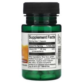 Thực phẩm bổ sung Swanson Vitamin D3 25 mcg (1.000 IU) 60 Capsules 087614115108