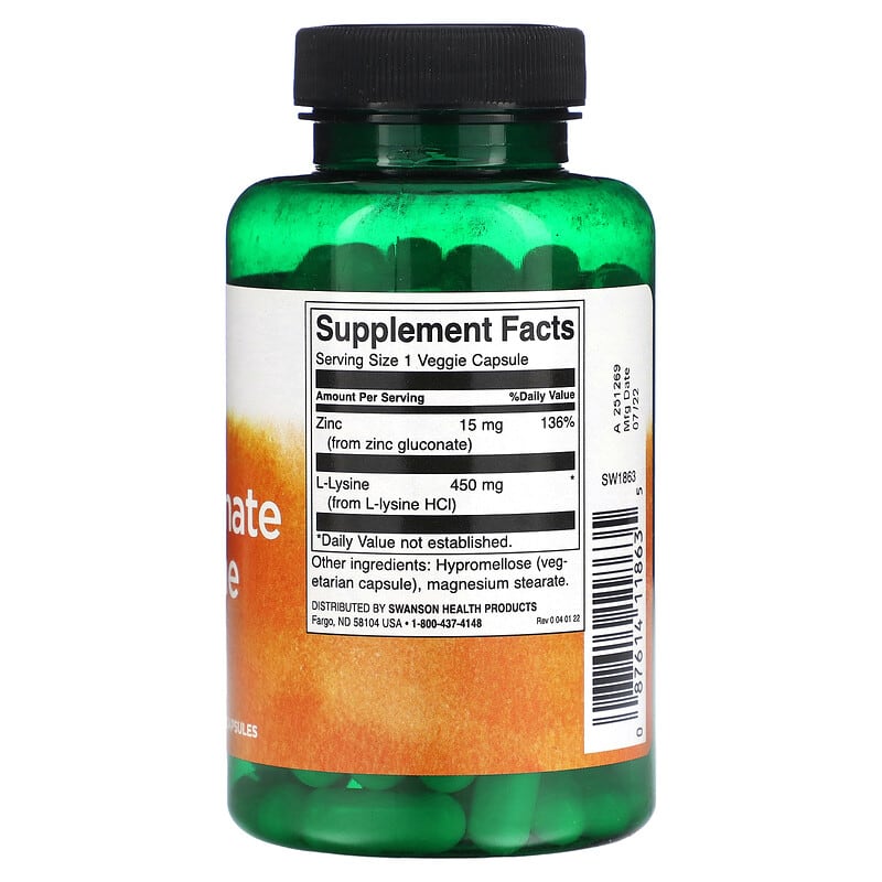 Swanson Zinc Gluconate & L-Lysine 90 Veggie Capsules 2 Thực phẩm bổ sung Swanson Zinc Gluconate & L-Lysine 90 Veggie Capsules 087614118635