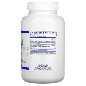 Thực phẩm bổ sung Vital Nutrients Betaine HCl Pepsin Gentian Root Extract 225 Capsules 693465425114