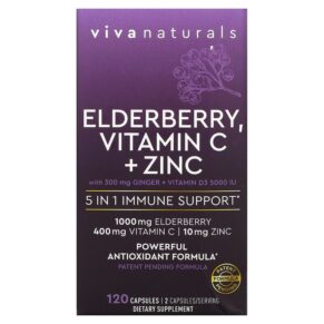 Thực phẩm chức năng Viva Naturals Elderberry Vitamin C + Zinc 5 in 1 Immune Support 120 Capsules 811067031780