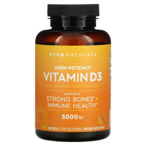 Thực phẩm chức năng Viva Naturals Vitamin D with Organic Coconut Oil High-Potency 5.000 IU 360 Softgels 632930605828