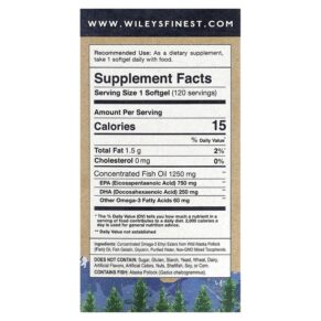 Thực phẩm bổ sung Wiley's Finest Wild Alaskan Fish Oil Peak EPA 1.250 mg 120 Fish Softgels 857188004203