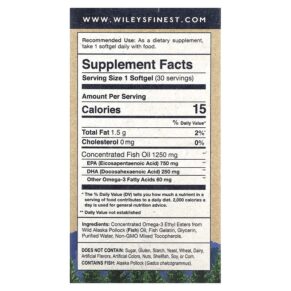 Thực phẩm bổ sung Wiley's Finest Wild Alaskan Fish Oil Peak EPA 1.250 mg 30 Fish Softgels 857188004012