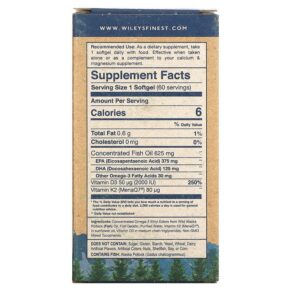 Thực phẩm bổ sung Wiley's Finest Wild Alaskan Fish Oil Vitamin K2 650 mg 60 Fish Softgels 857188004340