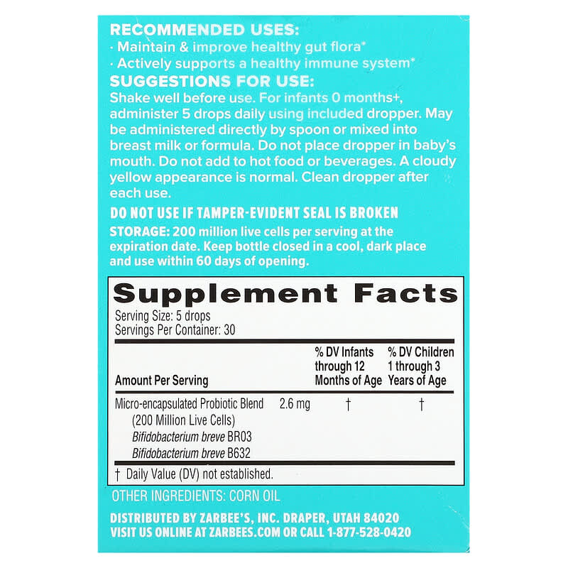 Zarbee's Baby Daily Probiotic Drops 0+ Months 0.27 fl oz (8 ml) 2 Thực phẩm bổ sung Zarbee's Baby Daily Probiotic Drops 0+ Months 0.27 fl oz (8 ml) 857647007905