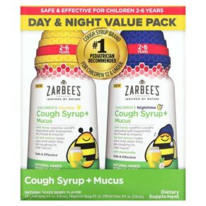 Thực phẩm chức năng Zarbee's Children's Cough Syrup + Mucus Dark Honey Daytime & Night Value Pack 2-6 Years Natural Mixed Berry 4 fl oz (118 ml) Each 300450664068