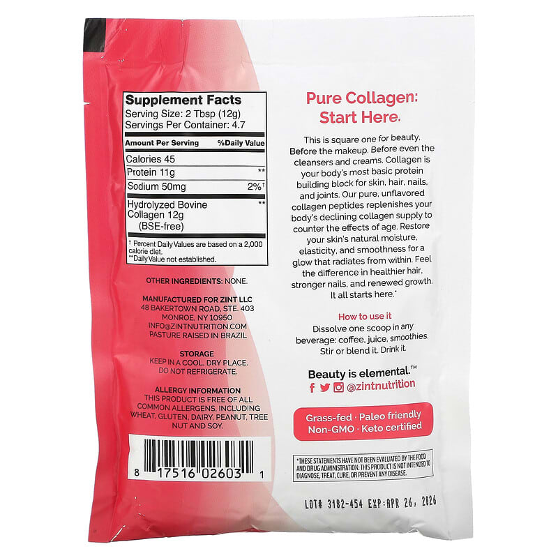 Zint Pure Grass-Fed Collagen Peptides Unflavored 2 oz (56.6 g) 2 Thực phẩm bổ sung Zint Pure Grass-Fed Collagen Peptides Unflavored 2 oz (56.6 g) 817516026031